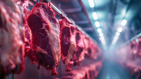 Raw Beef Cuts Hanging in a Refrigerated Butchery for Aging Process. High quality photoの素材