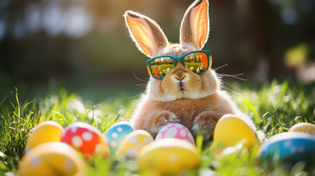 Adorable Easter Bunny Wearing Sunglasses Among Colorful Painted Eggs. High quality photoの素材