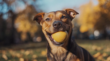 Dog Holding a Blue Ball in Its Mouth in an Autumn Park. High quality photoの素材
