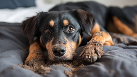 Happy Muddy Dog Lying on a Bed with Dirt Covered Paws in a Home Interior. High quality photoの素材
