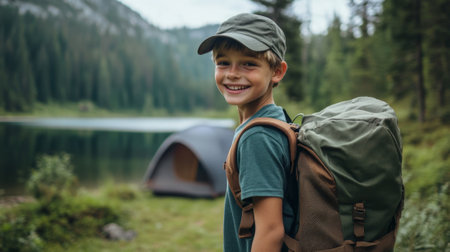 Smiling Young Boy Wearing a Backpack in a Scenic Forest Near a Lake. High quality photoの素材