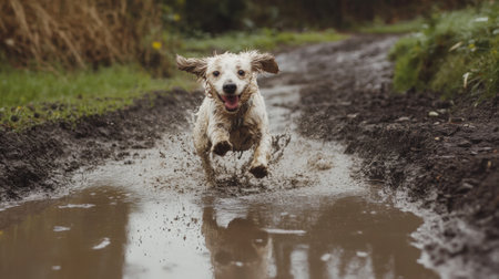 Excited Dog Running Through a Muddy Puddle with Water Splashes Everywhere. High quality photoの素材