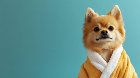 Dog Wrapped in a White Towel Sitting on Blue Background with Copyspace.の素材