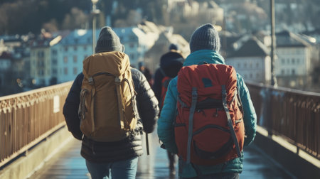 Backpackers Walking Across a City Bridge on an Overcast Day. High quality photoの素材