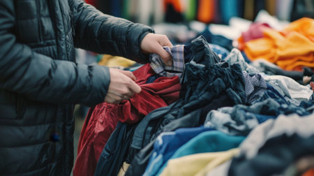 Person Browsing Clothes at a Flea Market. High quality photoの素材