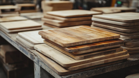 Wooden Cutting Boards in a Manufacturing Facility for Kitchenware Production. High quality photoの素材