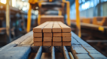 Stacked Bricks in an Industrial Brick Factory with Heavy Machineryの素材