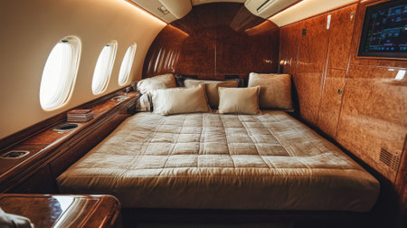 Luxury Private Jet Bedroom with a Large Bed and Elegant Interior Design. High quality photoの素材
