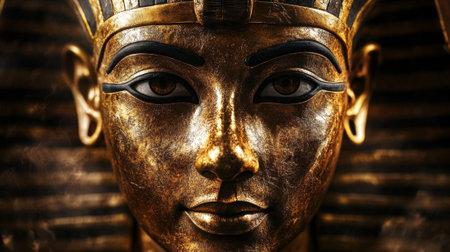 Golden Pharaoh Mask Illuminated by Warm Sunlight with Ancient Egyptian Details. High quality photoの素材