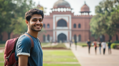Smiling Male Student with a Backpack in a University Campus on a Sunny Day. High quality photoの素材