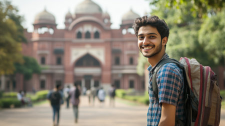 Smiling Male Student with a Backpack in a University Campus on a Sunny Day. High quality photoの素材