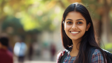 Happy Young Female Student with a Backpack Smiling at a University Campus. High quality photoの素材