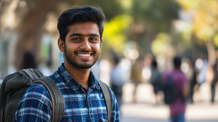 Smiling Male Student with a Backpack in a University Campus on a Sunny Day. High quality photoの素材