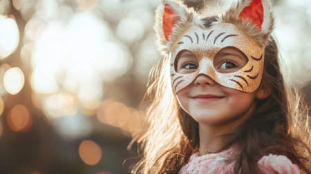 Young Woman Wearing a Colorful Cat Mask at a Festive Outdoor Event. High quality photoの素材