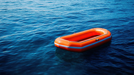 Bright Orange Inflatable Raft Floating on the Open Sea. High quality photoの素材