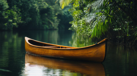 Wooden Canoe Floating on Jungle River Surrounded by Lush Green Tropical Vegetation. High quality photoの素材