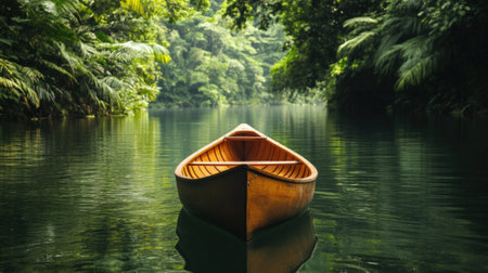 Wooden Canoe Floating on Jungle River Surrounded by Lush Green Tropical Vegetation. High quality photoの素材