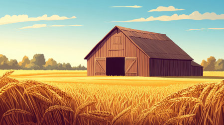 Rustic Red Barn Surrounded by Wheat Field and Trees Under Blue Sky with White Clouds. High quality photoの素材