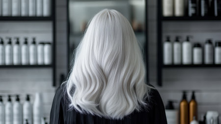 Back View of Woman with Silver Wavy Hair Sitting in Hair Salon Surrounded by Haircare Products. High quality photoの素材