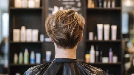 Rear View of Woman with Smooth Brown Bob Haircut Sitting in a Modern Hair Salon. High quality photoの素材