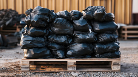 Stack of Black Garbage Bags on Wooden Pallet Against Turquoise Wall in Urban Setting. High quality photoの素材