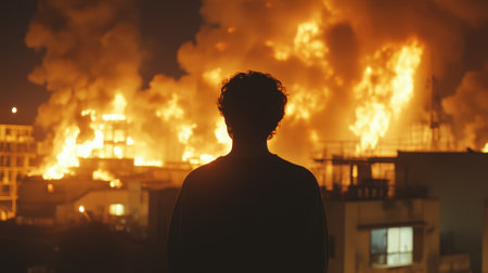 Silhouette of Man Watching City Buildings Burn During Intense Night Fire in Urban Area. High quality photoの素材