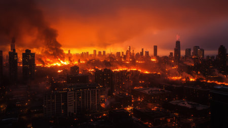 Panoramic View of Modern City Skyline Engulfed in Massive Fire with Flames Reflected in Water. High quality photoの素材