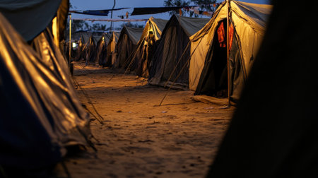 Row of Identical Yellow Tents in Refugee or Military Camp Set on Red Desert Ground. High quality photoの素材