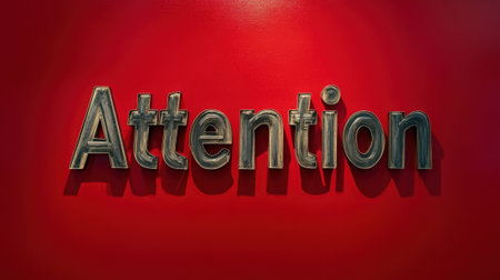 Grunge Style Attention Sign in Bold White Letters on Distressed Red Painted Background. High quality photoの素材