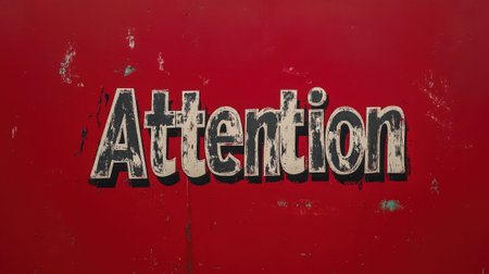 Grunge Style Attention Sign in Bold White Letters on Distressed Red Painted Background. High quality photoの素材
