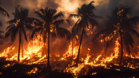 Palm Trees Burning in Intense Wildfire with Thick Smoke in Tropical Forest at Dusk. High quality photoの素材