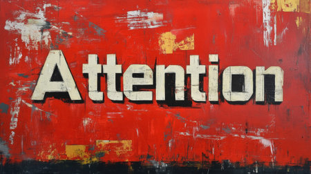 Grunge Style Attention Sign in Bold White Letters on Distressed Red Painted Background. High quality photoの素材