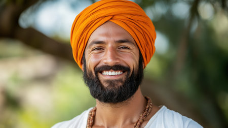 Portrait of Smiling Man Wearing Traditional Orange Turban and Robe in Natural Lightの素材