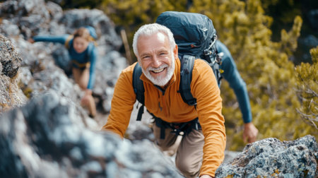 Senior Men Hiking and Climbing Rocks in Forest During Autumn Adventureの素材