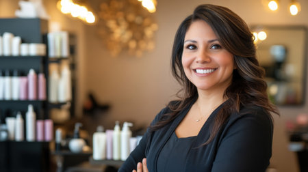 Young Female Hair Stylist Standing in Hair Salon and Smiling at the Camera. High quality photoの素材