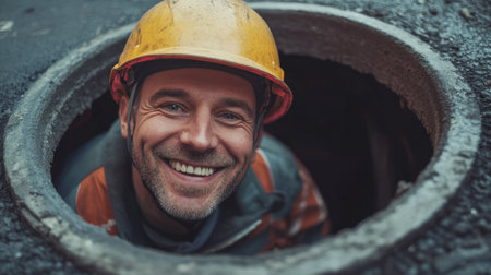 Smiling Worker in Yellow Hard Hat Looking Up from a Manhole on Cobblestone Street. High quality photoの素材