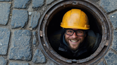 Smiling Worker in Yellow Hard Hat Looking Up from a Manhole on Cobblestone Street. High quality photoの素材