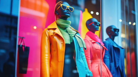 Colorful Dresses on Mannequins in Fashion Store Window Display with Vibrant Background Panels. High quality photoの素材
