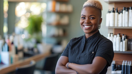 Young Female Hair Stylist Standing in Hair Salon and Smiling at the Camera. High quality photoの素材