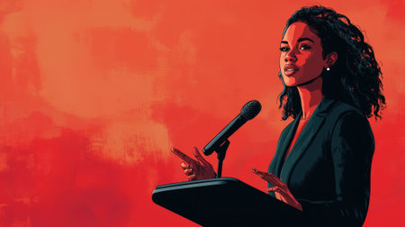 Confident Businesswoman Speaking at Podium with Microphones in Conference Hall. High quality photoの素材