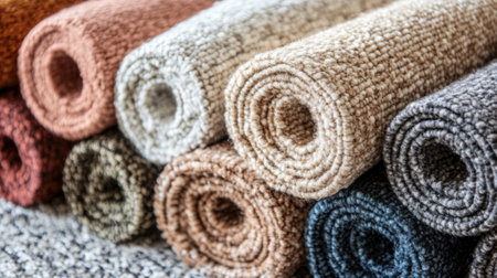 Collection of Rolled Up Multi-Colored Carpets Displayed in a Store or Showroom. High quality photoの素材