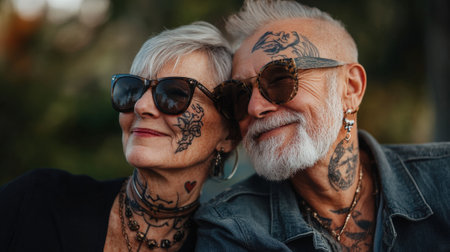 Smiling Elderly Couple with Face and Neck Tattoos Wearing Sunglasses Outdoors. High quality photoの素材