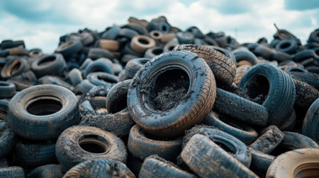 Large Pile of Used Car Tires Discarded in Open Area under Cloudy Sky. High quality photoの素材