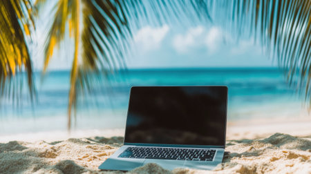 Laptop on Sandy Beach with Palm Trees and Ocean in Background under Bright Sunlight. High quality photoの素材