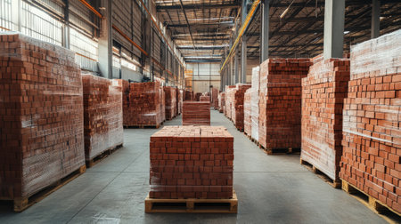 Pallets of Red Bricks Stacked in Industrial Warehouse under Sunlight. High quality photoの素材