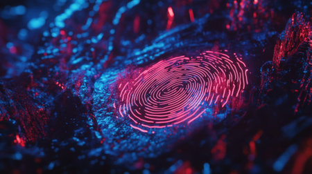 Glowing Digital Fingerprint in Neon Colors on Futuristic Technology Background. High quality photoの素材