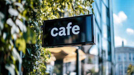 Vintage Cafe Signboard with Illuminated Letters Hanging on a City Building. High quality photoの素材