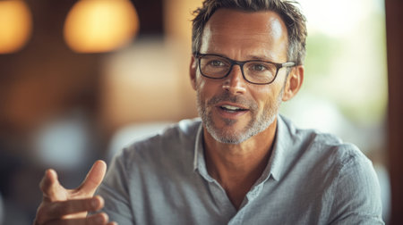 Middle-Aged Man Wearing Glasses Talking Seriously During Conversation in Indoor Setting. High quality photoの素材