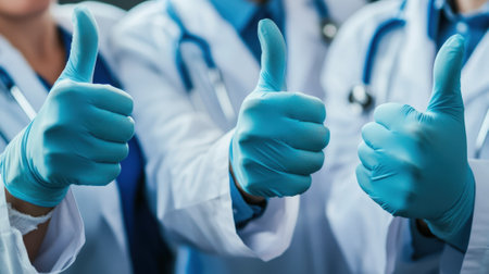 Medical Team in Scrubs and Masks Giving Thumbs Up in Hospital Environment. High quality photoの素材