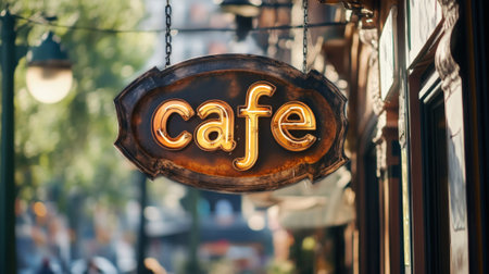Vintage Cafe Signboard with Illuminated Letters Hanging on a City Building. High quality photoの素材